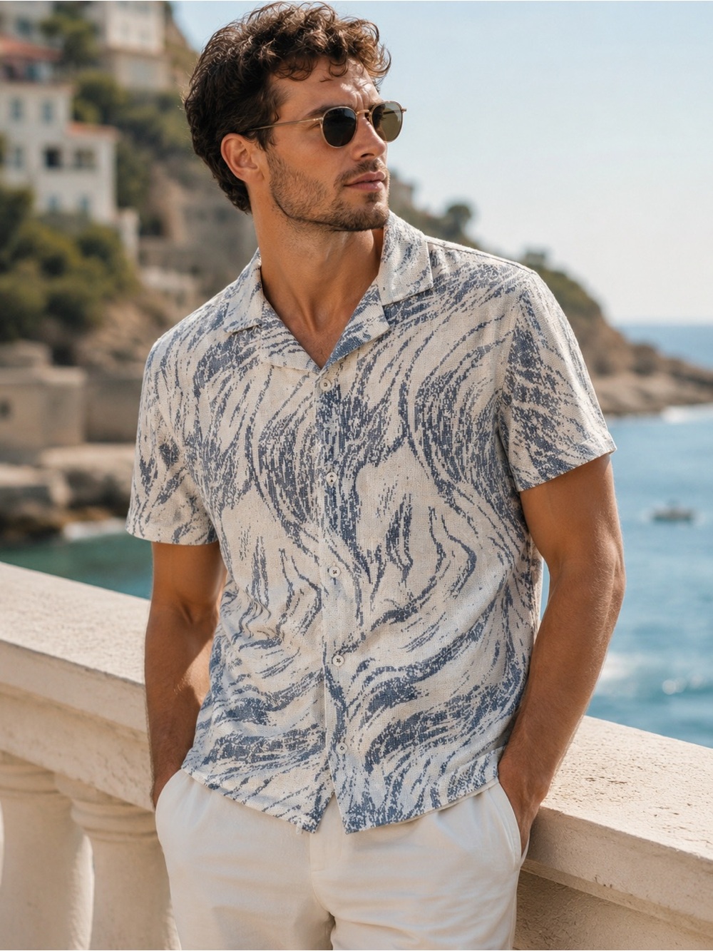 Steel & Jelly Abstract Wave Print Short Sleeve Button Down Shirt Size Small
